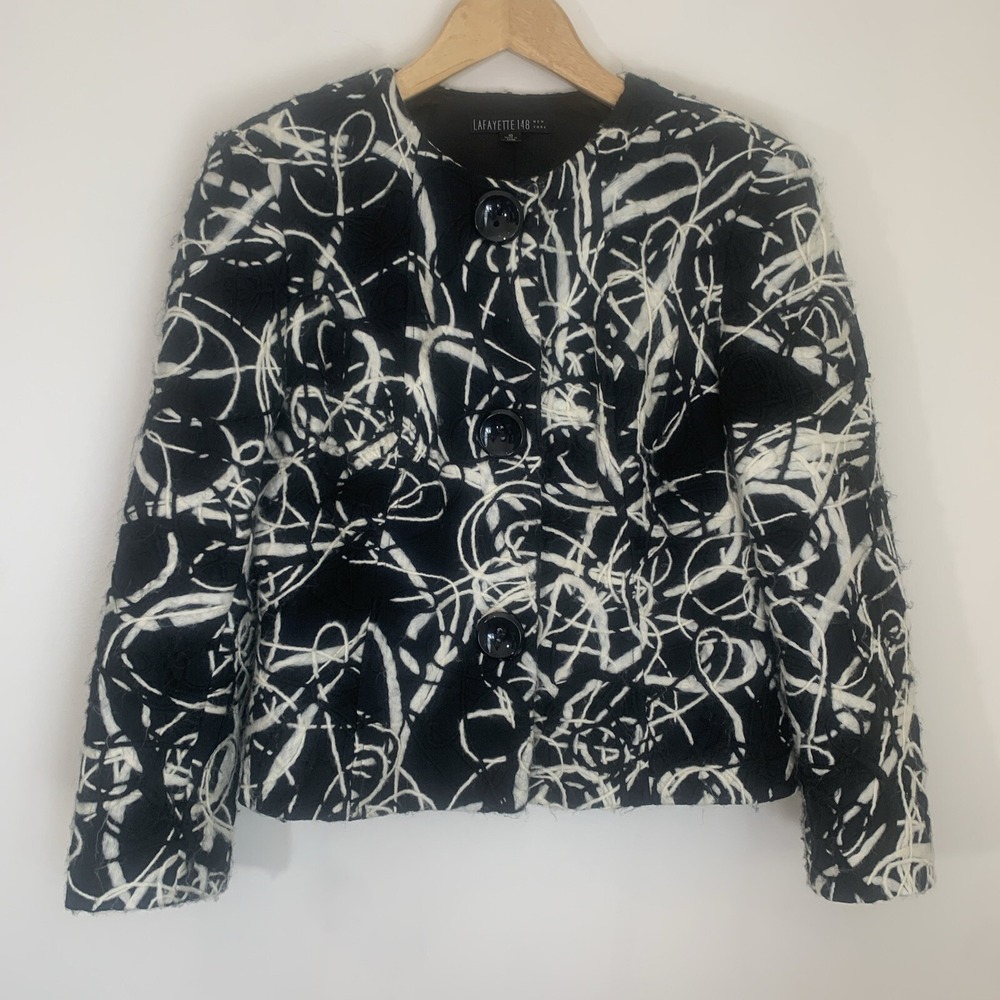 Lafayette 148 Womens Jacket 10 Black Cream Art to Wear Eclectic Luxury
